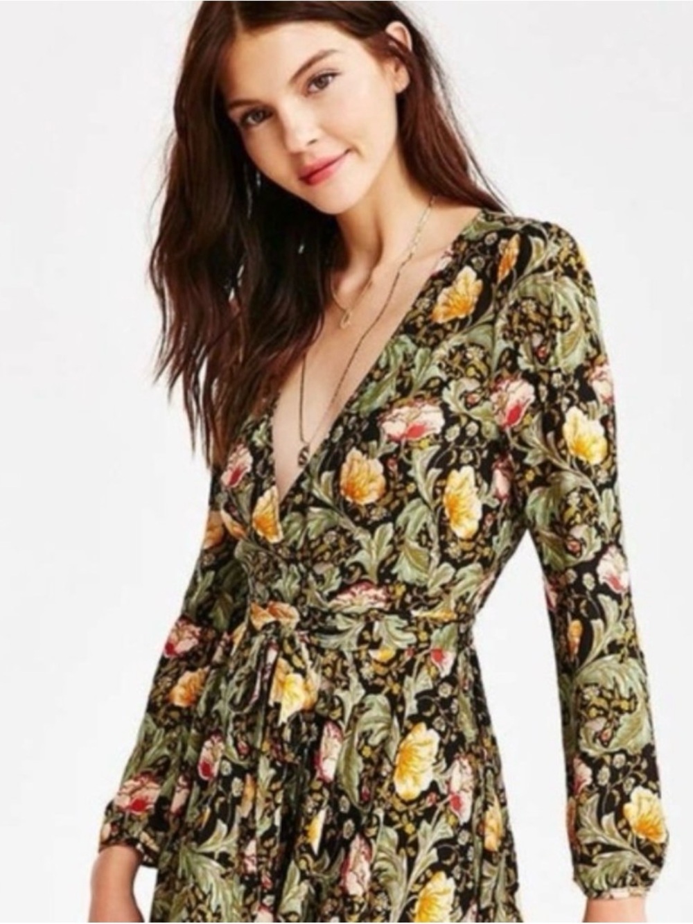 Floral V-Neck Long Sleeve Wrap Dress in Yellow & Green Size L - Picture 9 of 9